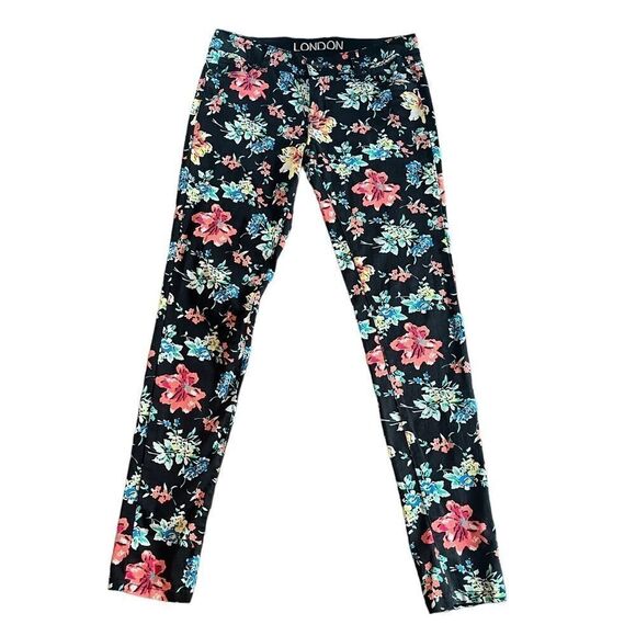 London Women's Size Large Floral Print Black Skinny Pants​​​​ - Picture 1 of 10